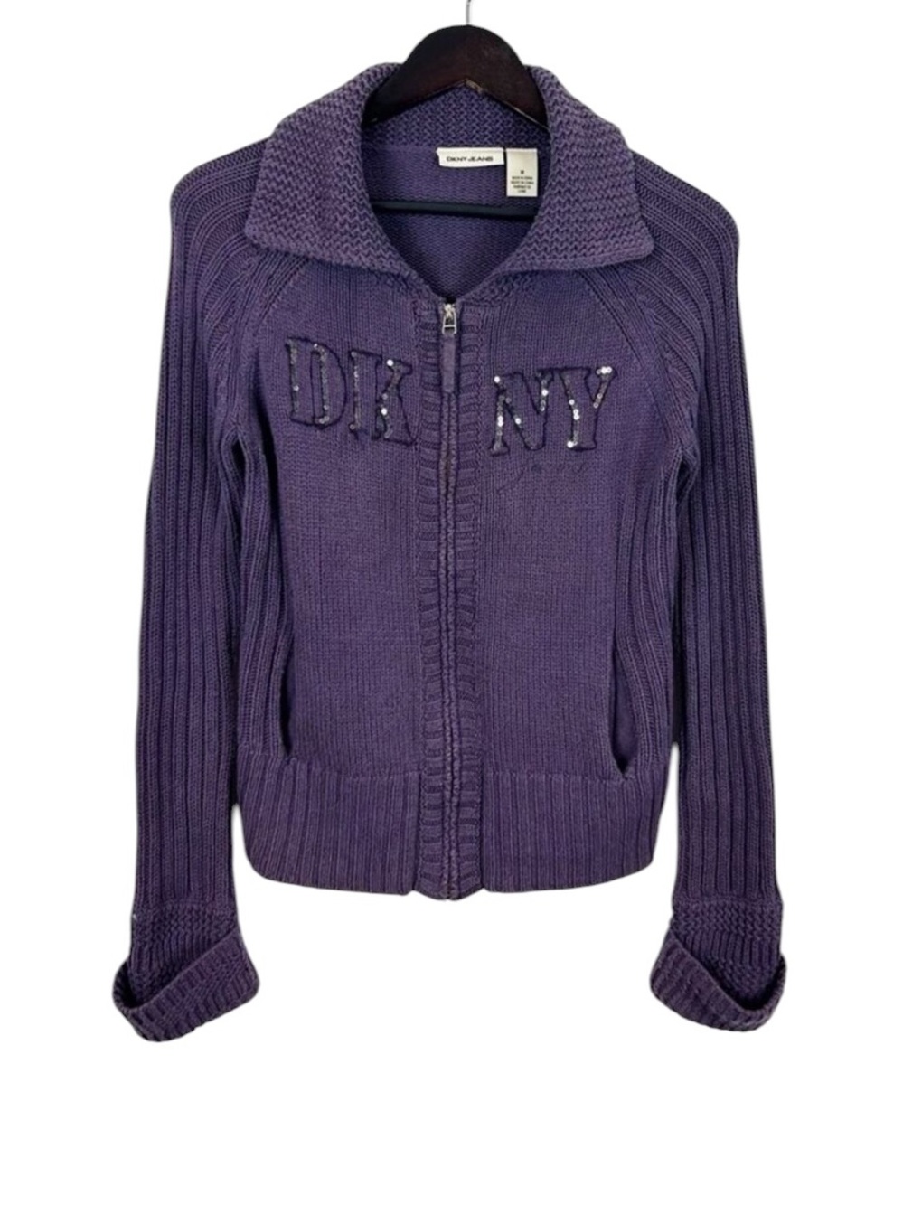 DKNY Purple Zip-Up Knit Cardigan with Logo Size Medium Sequined